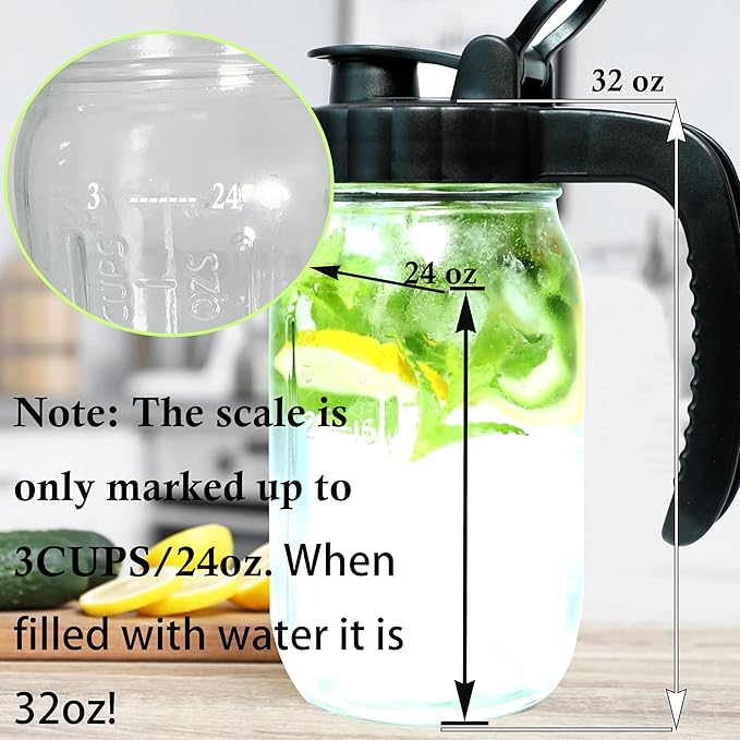 Mason Jars Pitcher 1 Quart Glass Breastmilk Pitcher With Pour Lid For Fridge 32 Oz Wide Mouth Water Jugs With Top Flip Cap & Pour Spout For Cold Brew Coffee,Sun Tea,Juice Airtight Storage & Leakproof