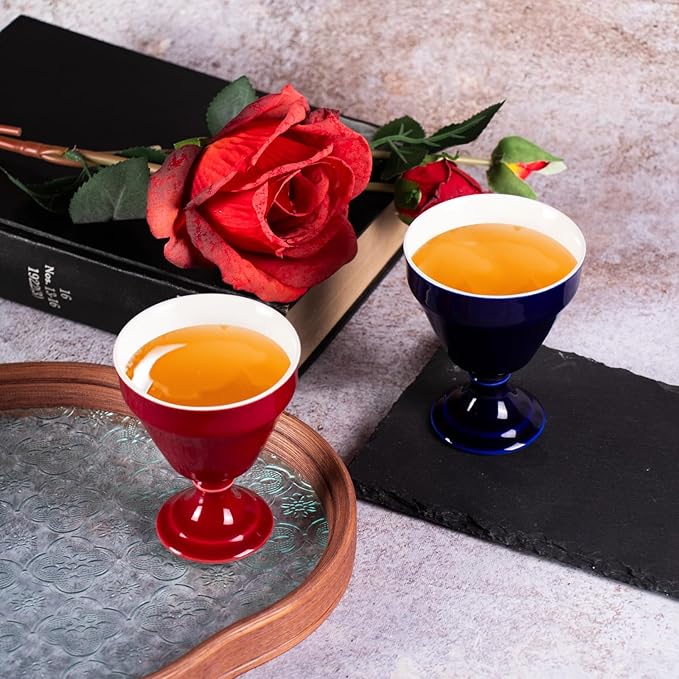 KAMMAK Tea Cup, 3oz Small Tea Cups Set of 2, Ceramic Tea Cups for Home, Tea Party, Office, Fashion Porcelain Tea Set with Short Stem, Chinese Kungfu Tea Set for Hot/Cold Drink (Red and Blue)