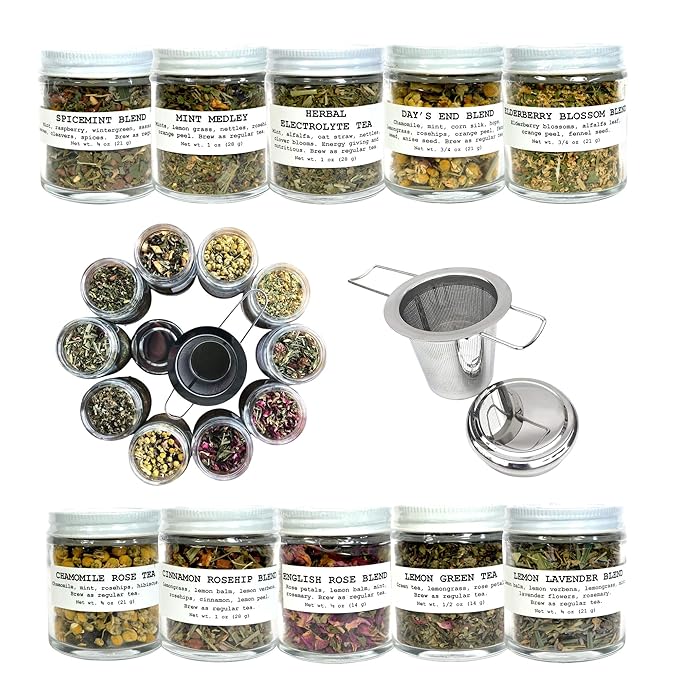 Smoke Camp Crafts Handcrafted Organic Loose Leaf Herbal Tea Gift Set with Stainless Steel Infuser, 10 Jars Caffeine Free Tisanes Variety Pack Assortment