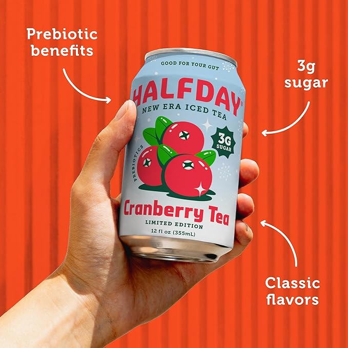 HALFDAY Prebiotic Iced Tea Cranberry, Supports Digestive & Gut Health, Plant Fiber & Prebiotics, 3g Sugar, 35 Calories, Natural Caffeine, Gluten Free, 12 fl oz (12 pack) Packaging May Vary