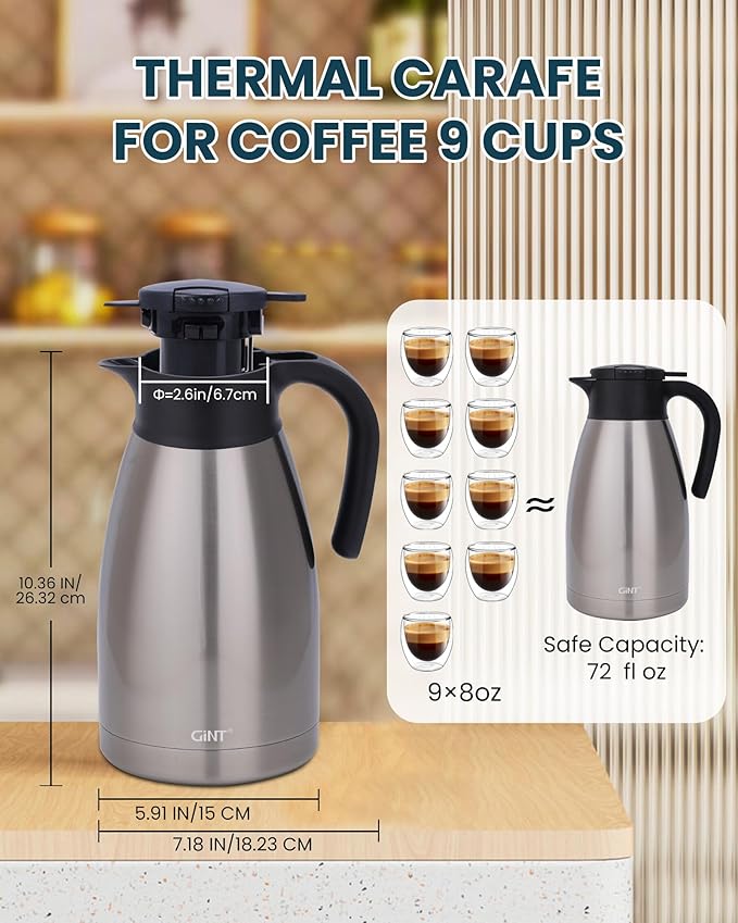 GiNT 74Oz Thermal Coffee Carafe, Insulated Stainless Steel Coffee Carafes for Keeping Hot/Double Walled Vacuum Thermal Carafe (Silver, 2.2L)