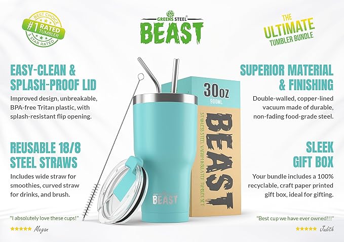 Beast 30 oz Tumbler Stainless Steel Vacuum Insulated Coffee Ice Cup Double Wall Travel Flask (Aquamarine Blue)