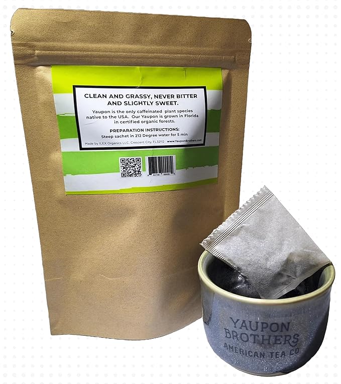 Yaupon Brothers American Green Yaupon Tea - 16 Eco-Friendly Organic Green Tea Bags Crafted from Antioxidant Rich Yaupon Organic Leaves - Caffeinated in Fiber Bags