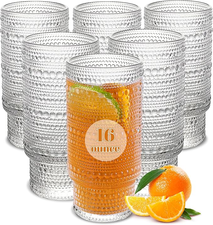 6pcs Hobnail Drinking Glasses Set, 16 oz Vintage Glassware Drinking Glasses, Clear Water Glasses Tumbler, Cups for Kitchen, Juice, Beer, Cocktail, Whiskey