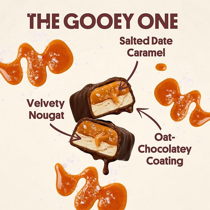 Harken Sweets The Gooey One, Oat Milk Chocolate Candy Bars with Date Caramel, Sweetened with Dates and No Sugar Added, High Fiber, Nut-Free, Gluten-Free, Plant-Based, 12 Bars