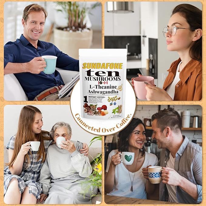 SUNDAFONE Mushroom Coffee with L-Theanine, Ashwagandha,Lion's Mane, Reishi and 10 Adaptogenic Mushrooms; Super Instant Cold Brew Protein Iced Coffee Blend; 0g of Sugar, Low Caffeine, 30 Servings