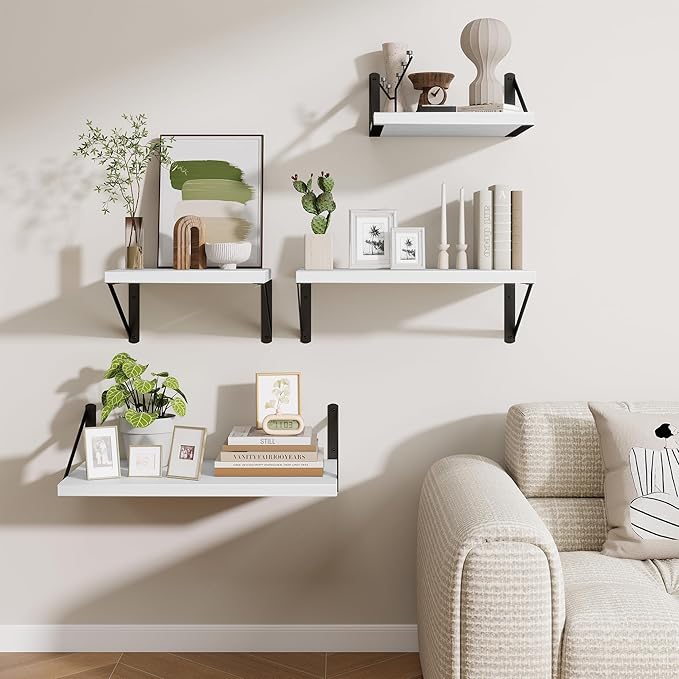 Deep Wall Shelves 36"W x 12"D Engineered Wood Floating Shelves for Wall, Sturdy Metal Bracket Bookshelves Home Decor Storage for Living Room Bedroom Bathroom Kitchen, Set of 2, White Finish