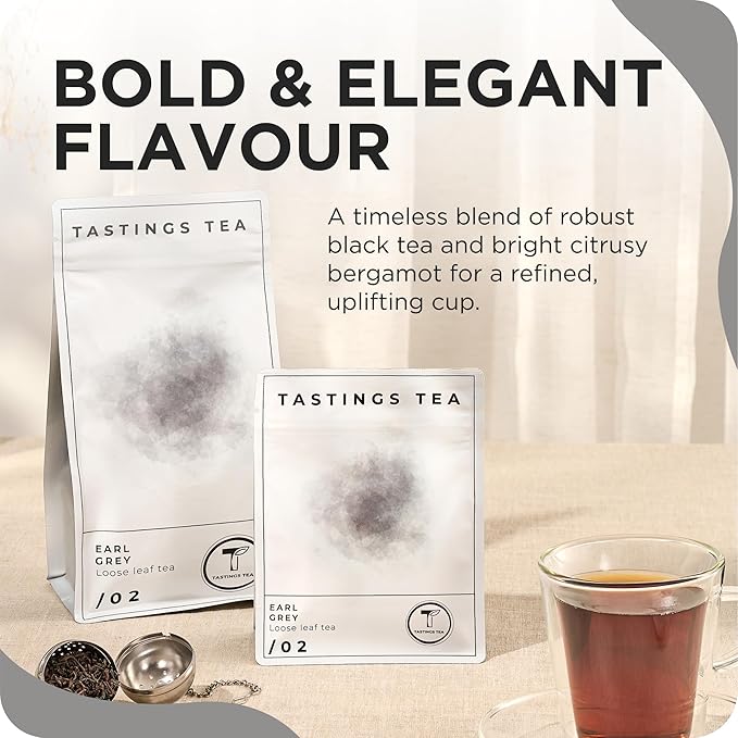 Tastings Tea Earl Grey - 3.5 oz. Loose-Leaf Blend | Assam & Nilgiri Tea Leaves with Bergamot Oil | Caffeinated for Morning Rituals | Holistic Wellbeing