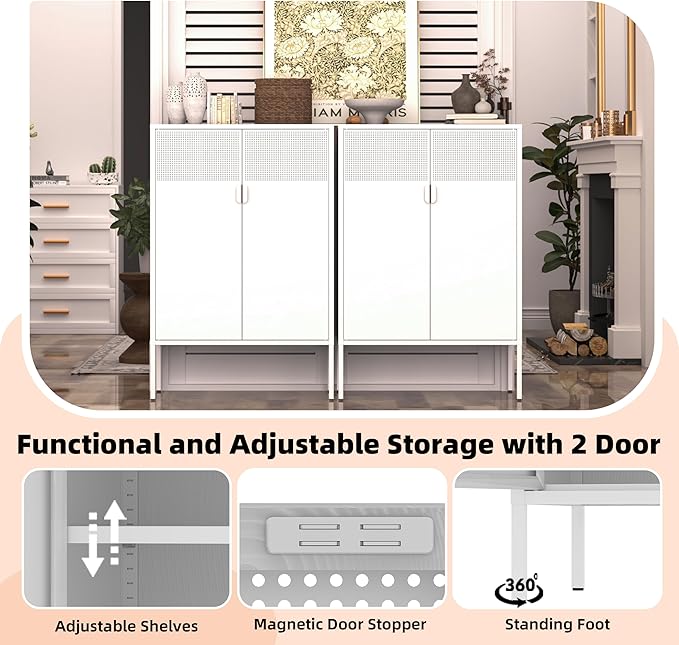 Metal Storage Cabinet,2 Door TV Stand, Metal Mesh Accent Cabinet,Magnetic Door Closure,Low Storage Cabinets with Doors and Shelf for Home,Office,Living Room