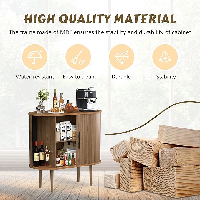 BlueWish 32" Fluted Storage Cabinet with Sliding Tambour Door, Sideboard Buffet Cabinet with Curved Profile Design, Modern Accent Coffee Bar Kitchen Cabinets Console Table for Living Room, Kitchen