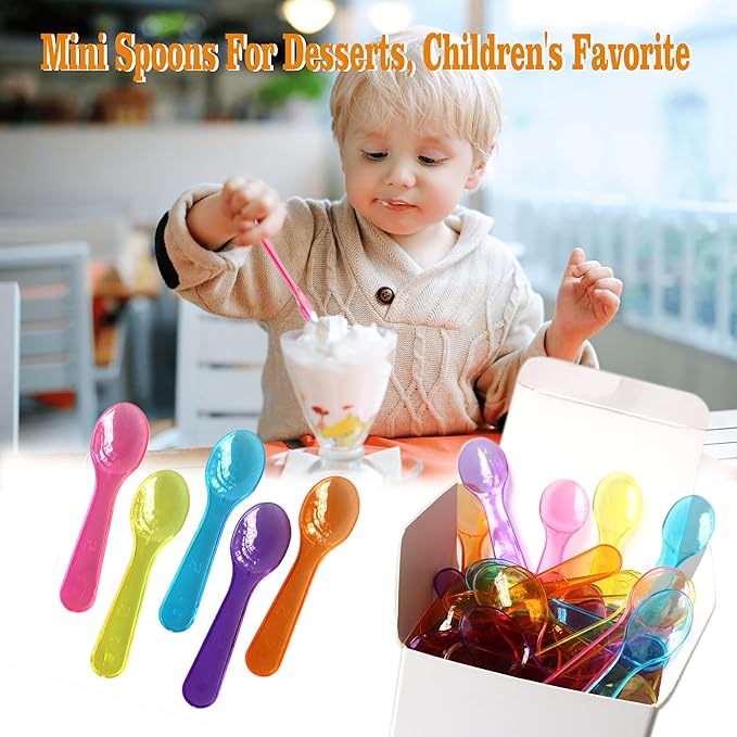 100 PCS 3 Inch Mixed Color Mini Spoons Disposable Plastic Spoons for Kids, Tasting Samples, DIY Crafts, with Multi Color, Durable, Compatible with Ice Cream, Dessert & Yogurt