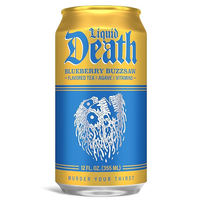 Liquid Death, Blueberry Buzzsaw Iced Tea, 12-Pack (12 oz Cans), Blueberry Flavored Black Tea, Low Calorie, No Artificial Sweeteners, B12 & B6 Vitamins