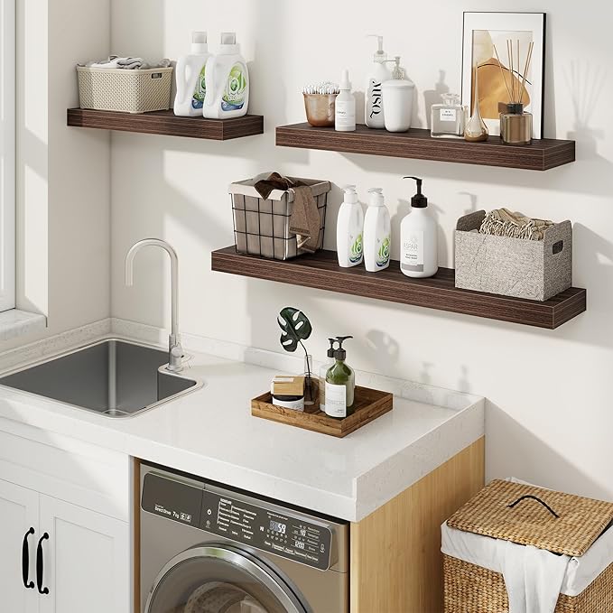 fuqing Floating Shelves for Wall, Wall Mounted Wood Floating Shelf with Invisible Brackets for Living Room, Bathroom, Bedroom, Kitchen Storage and Decor, 32 Inch Set of 2, Walnut
