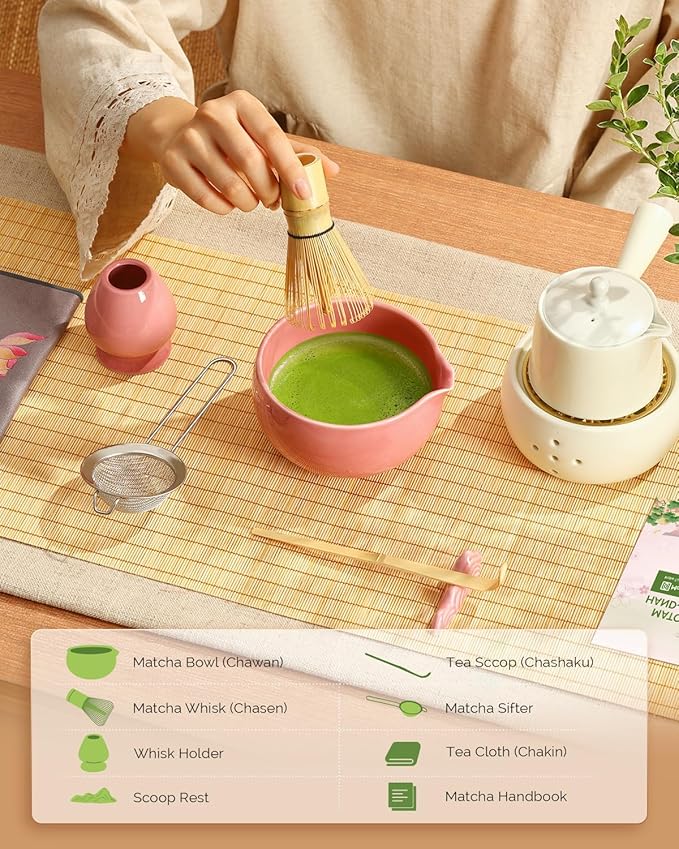 Maestri House Pink Matcha Whisk Set, 7-Pc Complete Matcha Kit with Spouted Ceramic Bowl, Bamboo Whisk and Holder, Scoop, Spoon Rest & Sifter, Tea Cloth – Ideal Gift for Matcha Lovers (Pink)