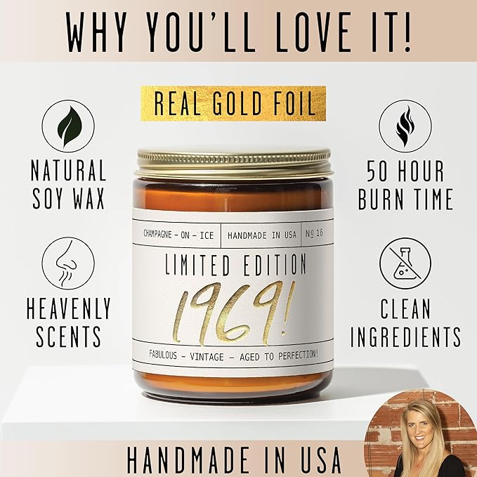 56th Birthday Gifts for Women - 'Limited Edition 1969' Soy Candle, w/Champagne on Ice I 56 Birthday Gifts for Women I 56th Gift for Her Ideas I 9oz Reusable Jar, 50Hr Burn, Made in USA