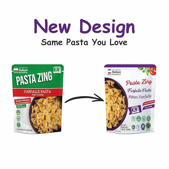 Pasta Zing Farfalle Pasta, Authentic Italian Al-Dente Texture, Ready in 1 Minute, 14g Protein 4g Fiber, Made with 100% Durum Wheat, Zero Sodium, Clean Label Shelf-Stable, 7.05 oz Pouch, Pack of 7