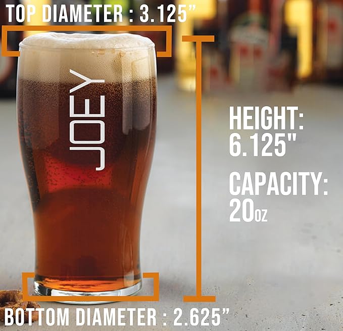 Personalized Etched 20oz Pub Pint Glass – Beer Gifts for men, Custom Engraved Drinking Glasses, Customized Retirement, Birthday for Him, Gifts for Dad Fathers Day, Groomsmen, Wedding, Vertical Name