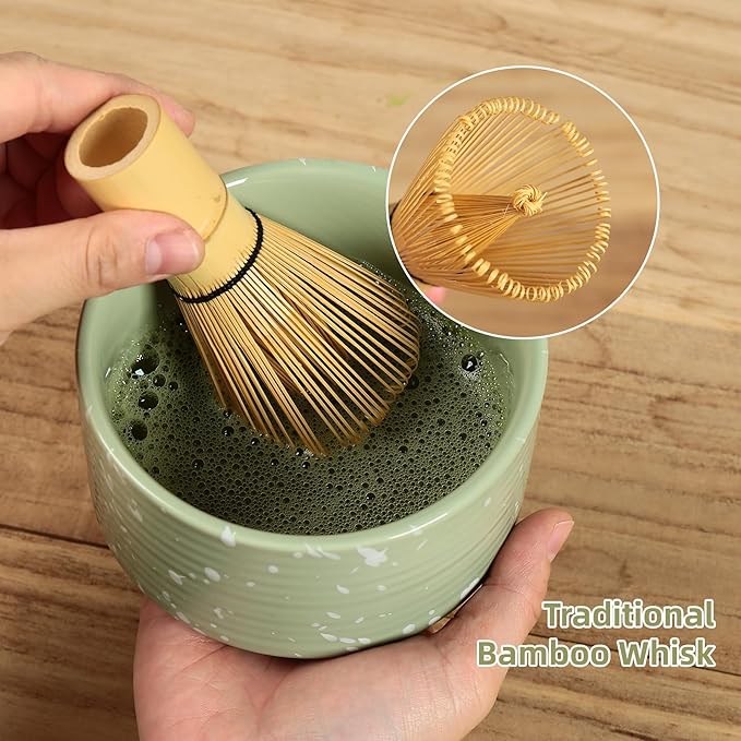 Matcha Whisk Set, Ceramic Matcha Set Includes Matcha Bowl with Spout, Whisk & Holder, Bamboo Scoop, Stainless Sifter, Towel, Matcha Kit Making Tools,Light Green,7 PCS