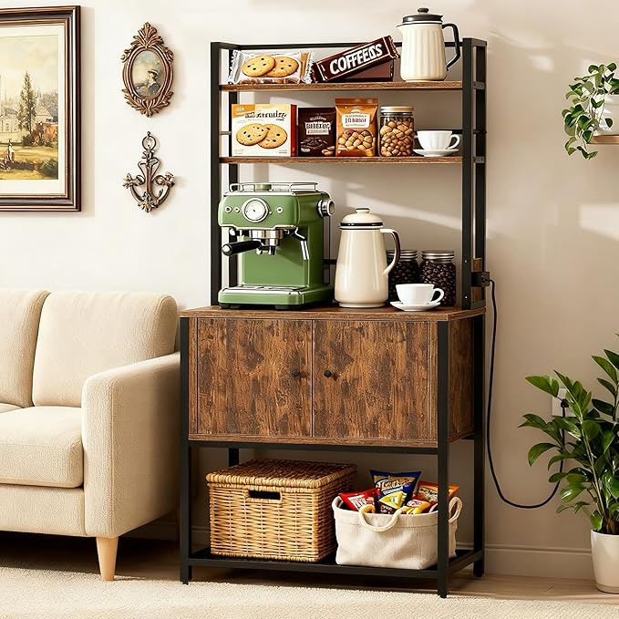 Kitchen Bakers Rack with Power Outlet, 5 Tiers Coffee Bar Table with Storage Cabinet, Microwave Oven Stand Kitchen Storage Shelf Rack for Spices, Pots and Pans (Rustic Brown)