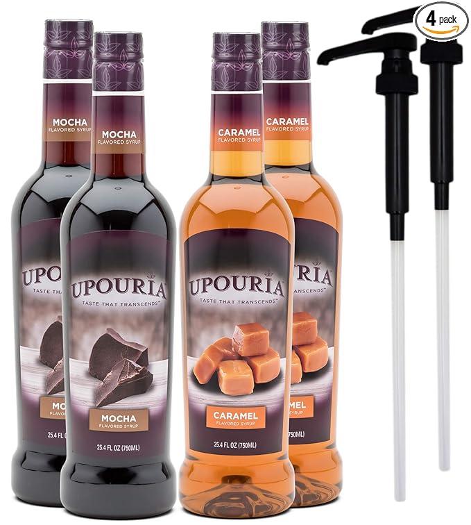 Upouria Caramel & Mocha Coffee Syrup Flavoring, 2 of each Flavor, 100% Vegan, Gluten-Free, Kosher, 750 mL Bottles (Pack of 4) with 2 Coffee Syrup Pumps