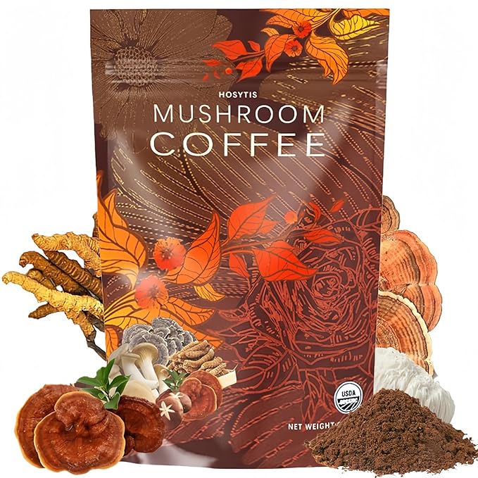 Mushroom Coffee With Lion's Mane, Reishi, Cordyceps, Shiitake, King Trumpet & Turkey Tail Everyday Dose (30 Servings) Premium Instant Coffee for Better Focus, Energy（6.35 Ounce Pack of 180g）