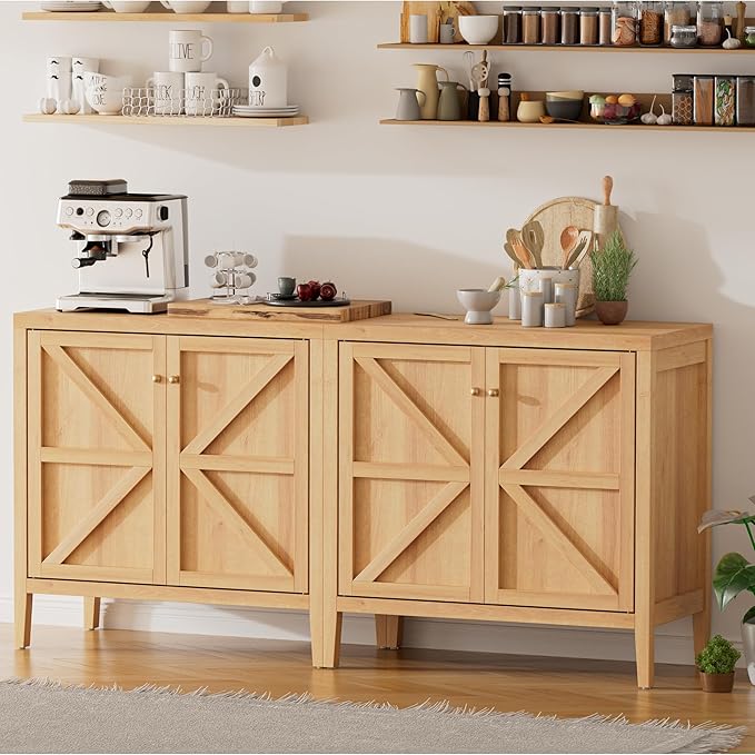 Wood Sideboard Buffet Cabinet with Doors - Farmhouse Kitchen Storage Cabinet, Coffee Bar Console Table with Adjustable Shelves, Buffet Table for Living Room, Hallway (Natural Oak, 2 PCS)
