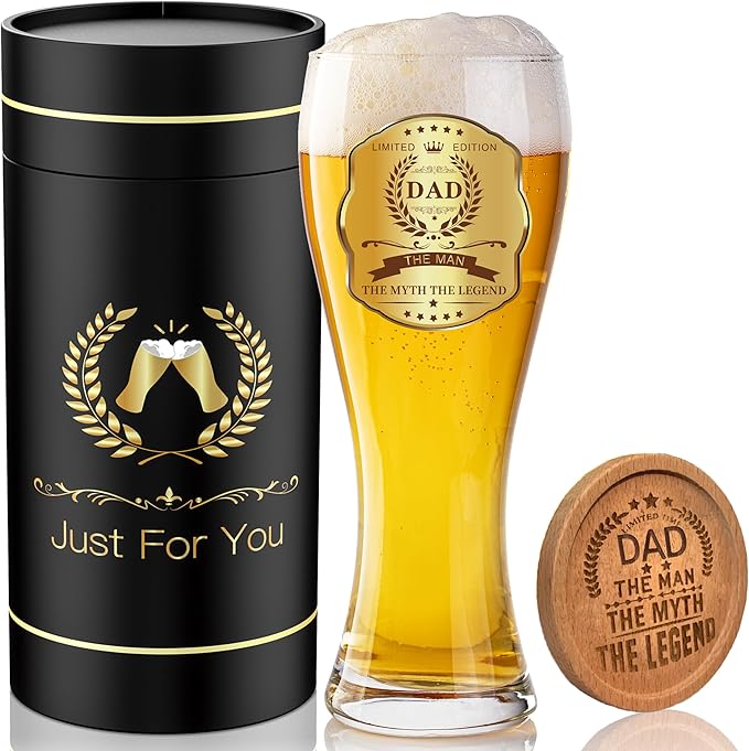 Beer Glasses Gifts for Dad, Personalized Beer Glass Ware Set for Birthday, Father's Day, Christmas, New Year, and Thanksgiving Gift, Package with Drinking Glass, Coaster, and Card for Man