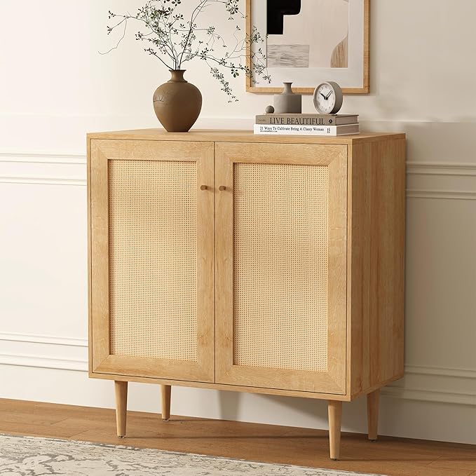 Accent Storage Cabinet Sideboard with Rattan Doors, Boho Buffet Kitchen Bar Cabinet Farmhouse Credenza Cabinets with Adjustable Shelves for Dining Room (Square Doors/Oak)