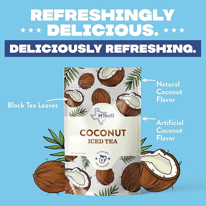 HTeaO Coconut Black Iced Tea Bags – Makes 4 Gallons in 5 Minutes – Large Loaded Tea Sachets for Parties, Family Gatherings, & Groups – Texas-Style Ice Tea Packets for Quick Brew (8-Count)