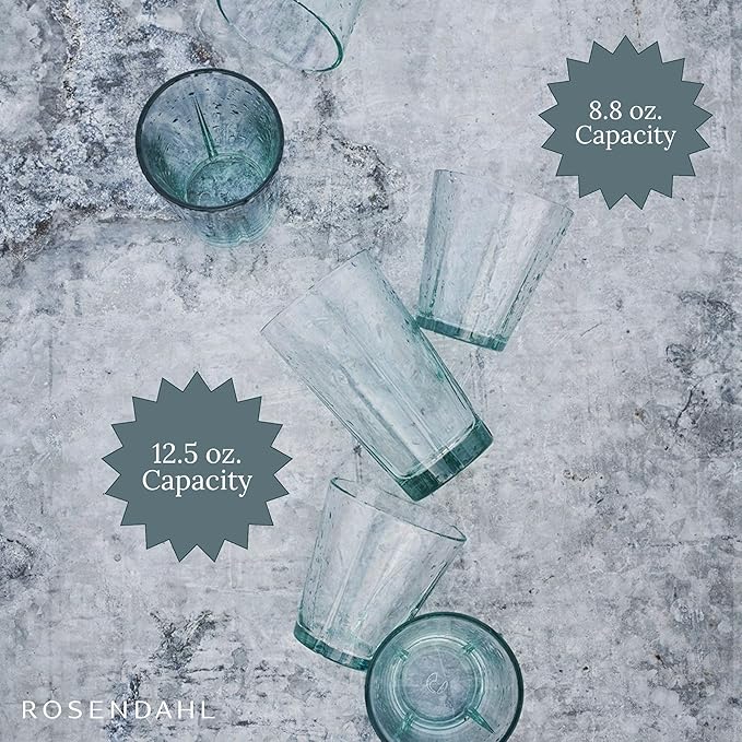 Rosendahl Grand Cru Recycled Glass Tumbler Set (Set of 6) - 4 x 8.8 Oz, 2 x 12.2 Oz - Lead-Free, Dishwasher Safe, Elegant Clear Glass Drinkware for Water, Juice, Coffee, Wine - Modern, Durable (Green)