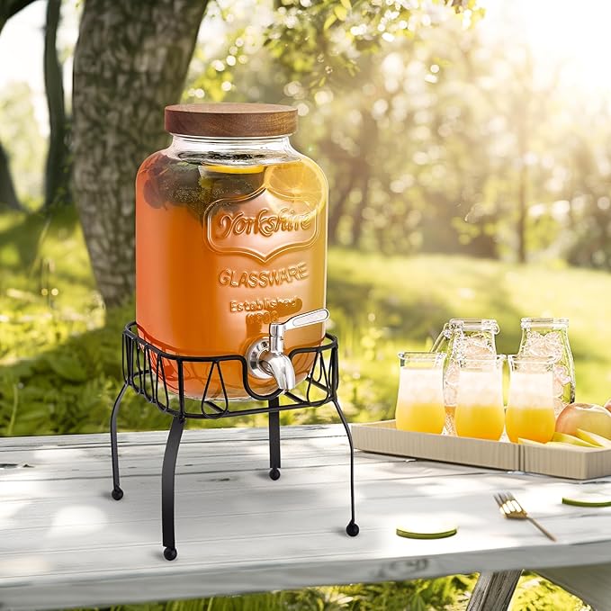 Mustry Glass Drink Dispenser for Parties, 1 Gallon Beverage Dispenser with Stand and Spigot Solid Stainless Steel, Used as Lemonade Dispenser Sun Tea Jar Kombucha Jar