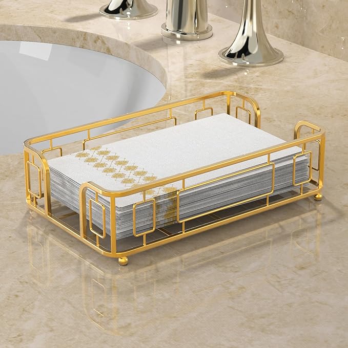 Guest Towel Holder Tray for Bathroom – Gold Napkin Holder for Disposable Paper Hand Towels, Vanity Countertop Hand Towel Organizer, Modern Bathroom Accessory for Guest Napkins