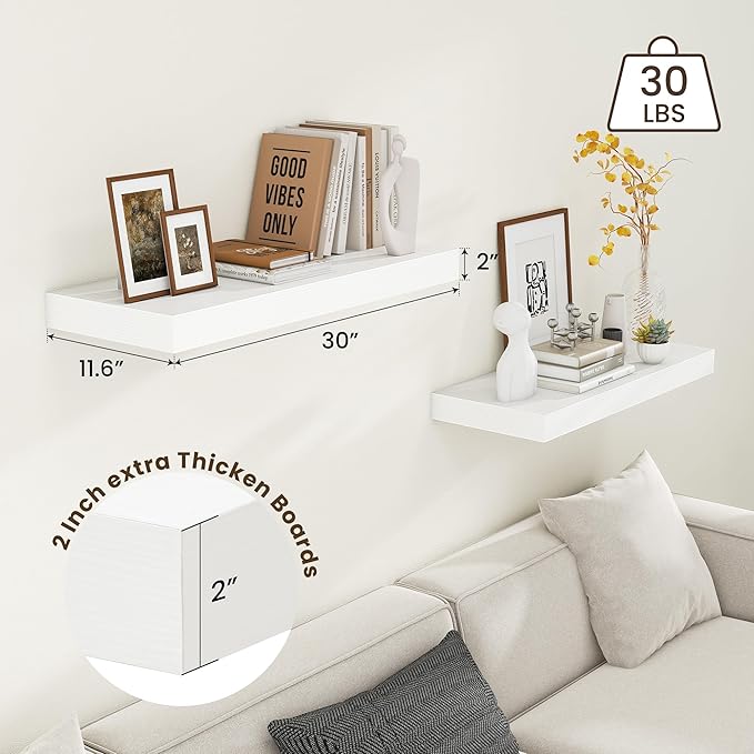 30 Inch Floating Shelves | 12 Inch Deep White Floating Shelves Set of 2 | 30" W x 12" D Rustic Wood Shelves for Wall | Deep White Shelves for Living Room Bathroom Laundry Room Kitchen