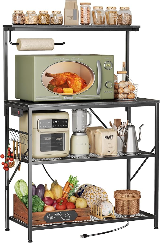 Huuger 4-Tier Bakers Rack with Reversible Power Outlet, 31.5 Inch Microwave Stand, Kitchen Bar, with Top Shelf, 6 S Hooks, Black