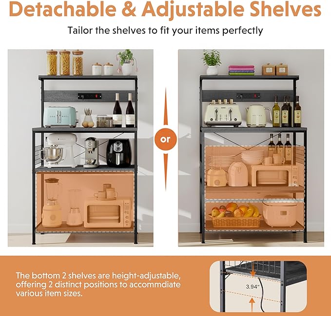 Simple Deluxe Kitchen Bakers Rack with Power Outlet, Coffee Bar Accessories Table, 4-Tier Adjustable Storage Shelf for Spices, Freestanding Appliance Organizer, 31.5 Inch, Gray