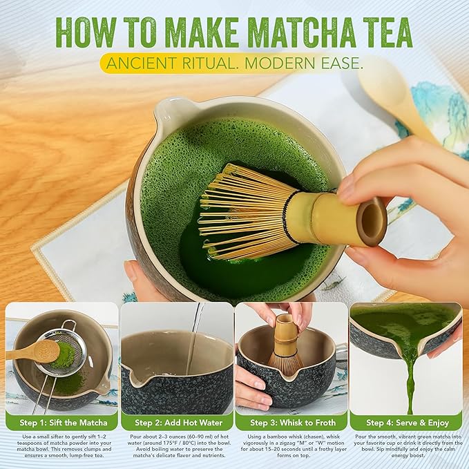7 Piece Matcha Whisk Set, Includes 30g Ceremonial Grade Matcha Powder, Metal Sifter, Bamboo Whisk, Whisk Holder, Bamboo Spoon, Tea Cloth, Matcha Bowl, Tea Set, Ceremony Set