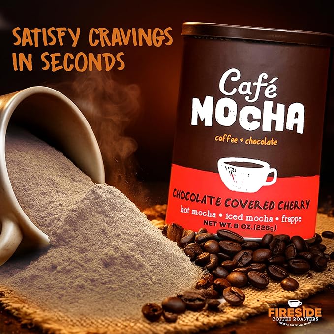 Fireside Coffee Chocolate Covered Cherry Café Mocha - Flavorful Instant Coffee Chocolate Blend - Premium Caffeinated Drink Mix for Hot, Milkshake, & Mocha Frappe Mix, Only Add Water & Enjoy, 8 Ounces