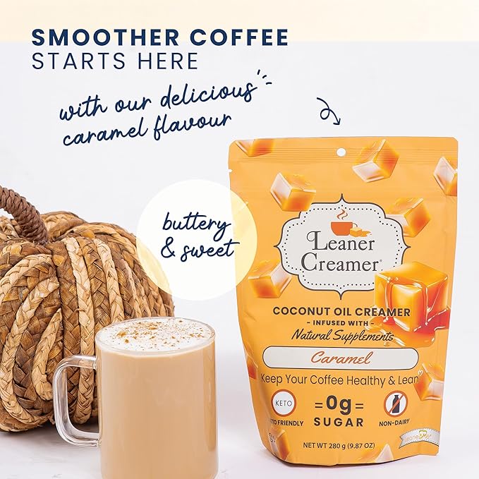 Leaner Creamer Coconut Creamer with Superfood Ingredients – Non-Dairy, Sugar-Free, Keto, Gluten-Free Powdered Coffee Creamer – Caramel – 280g