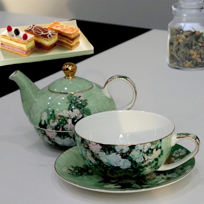 Porcelain 13 OZ Tea for One Teapot and Cup Set Vintage Floral Ceramic Tea Set European Style Tea pot and Saucer Set (White Roses)