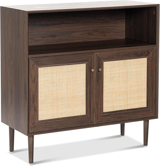 Rattan Sideboard Cabinet, Boho Buffet Storage Cabinet Farmhouse Credenza Cabinet with Natural Rattan Doors and Adjustable Shelves for Living Room, Dining Room, Entryway, Kitchen, Brown