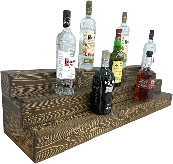 Handmade Tiered Display Shelving - Three Tier Bar Display - Bar Organizer - Liquor Bottle Display (42" without Back, Dark Walnut)
