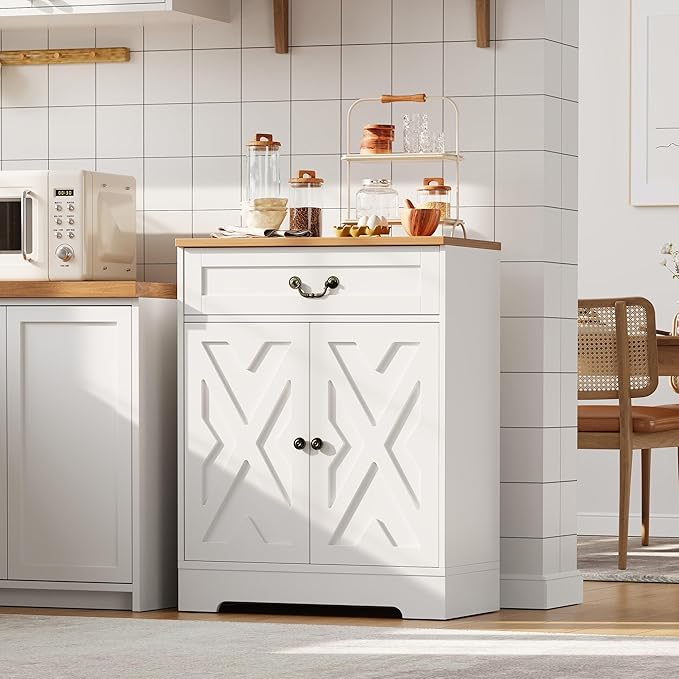 Garvee Farmhouse Coffee Bar Cabinet - Kitchen Storage Buffet Sideboard with 2 Doors, Drawer & Adjustable Shelf, White Cabinet for Kitchen, Living Room, Entryway, 150 LB Capacity