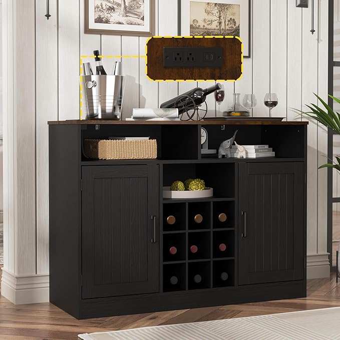 MHOM Farmhouse Buffet Cabinet with Prower Outlets, Rustic Sideboard Buffet with Wine Rack, Wooden Buffet Table for Dining Room, Antique Black