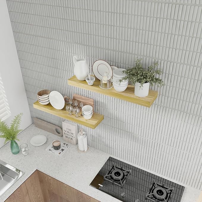 IAE Floating Wall Shelves 24 inch,Bathroom Shelf Wall Mounted,Invisible Shelf Floating Kitchen Shelves,Wooden Wall Shelving with Brackets for Living Room Wall Mounted,Easy Install,Set of 2,Natural