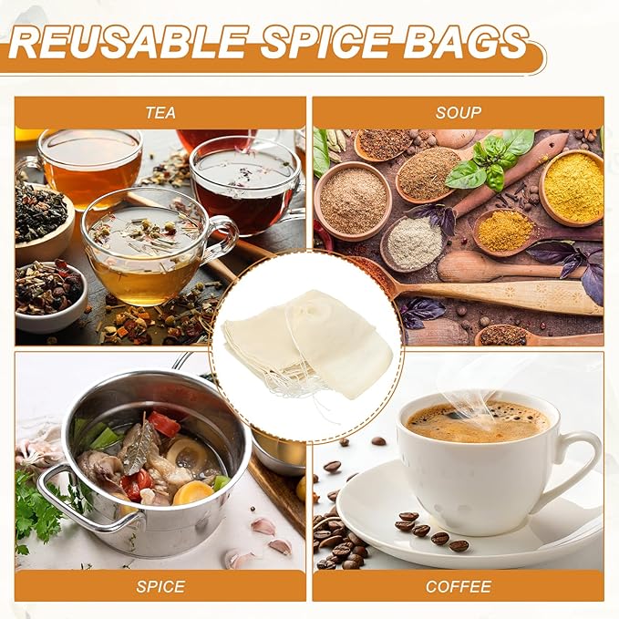 uxcell 20 Pcs Spice Bags for Cooking, 6x4 in Reusable Empty Tea Bags Muslin Strainer Cotton Cheese Cloth for Loose Leaf Tea Sachet Straining Soups Herbs, Beige