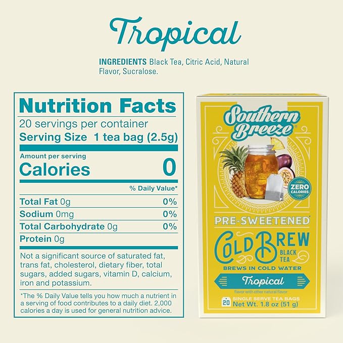 Southern Breeze Cold Brew Sweet Tea Tropical Iced Tea with Black Tea and Zero Carbs Zero Sugar, 20 Individually Wrapped Tea Bags, Pack of 2