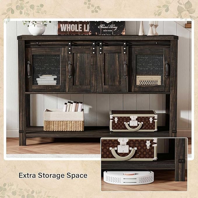 4ever2buy Farmhouse Coffee Bar Cabinet with Storage, 47'' Coffee Bar Table with Sliding Barn Door, Buffet Cabinet with Metal Mesh Doors, Console Table with Bottom Open Shelf, Brown