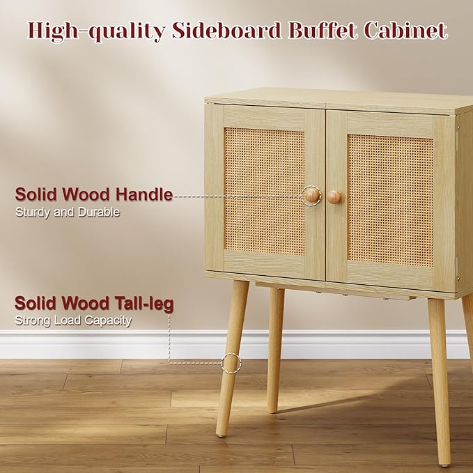 Sideboard Buffet Kitchen Storage Cabinet , Small Coffee Bar Cabinet with Rattan Doors and Tall Solid Wood Legs, Boho Accent Media Console Credenza Cabinet for Entryway,Living Room,Kitchen, Small Space