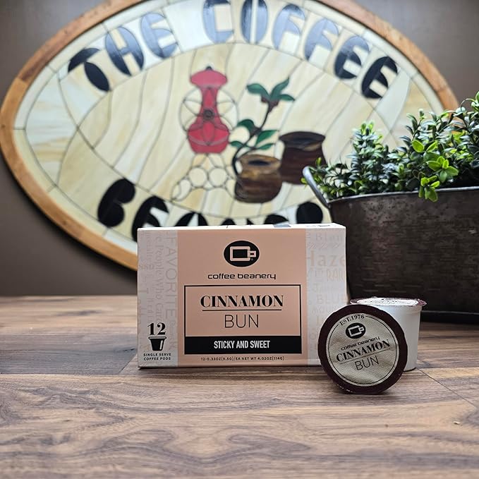 Cinnamon Bun Flavored Coffee Pods by Coffee Beanery | 12ct Medium Roast Arabica Coffee Pods