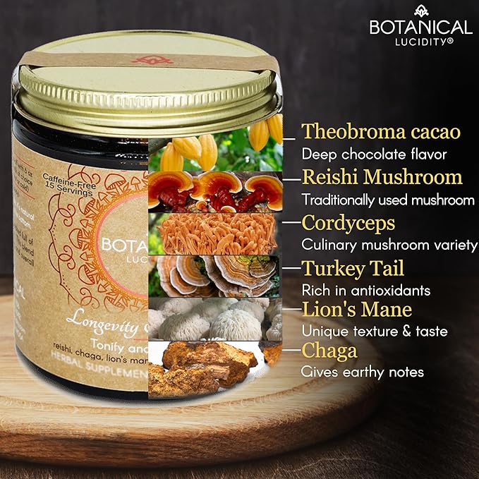 Botanical Lucidity Reishi Mushroom Tea Blend Stocking Stuffers 1.84Oz | Herbal Drink with Reishi, Chaga, Cordyceps, Lion’s Mane, Turkey Tail | Herbal Tea with Cacao for Focus Serve hot, Iced